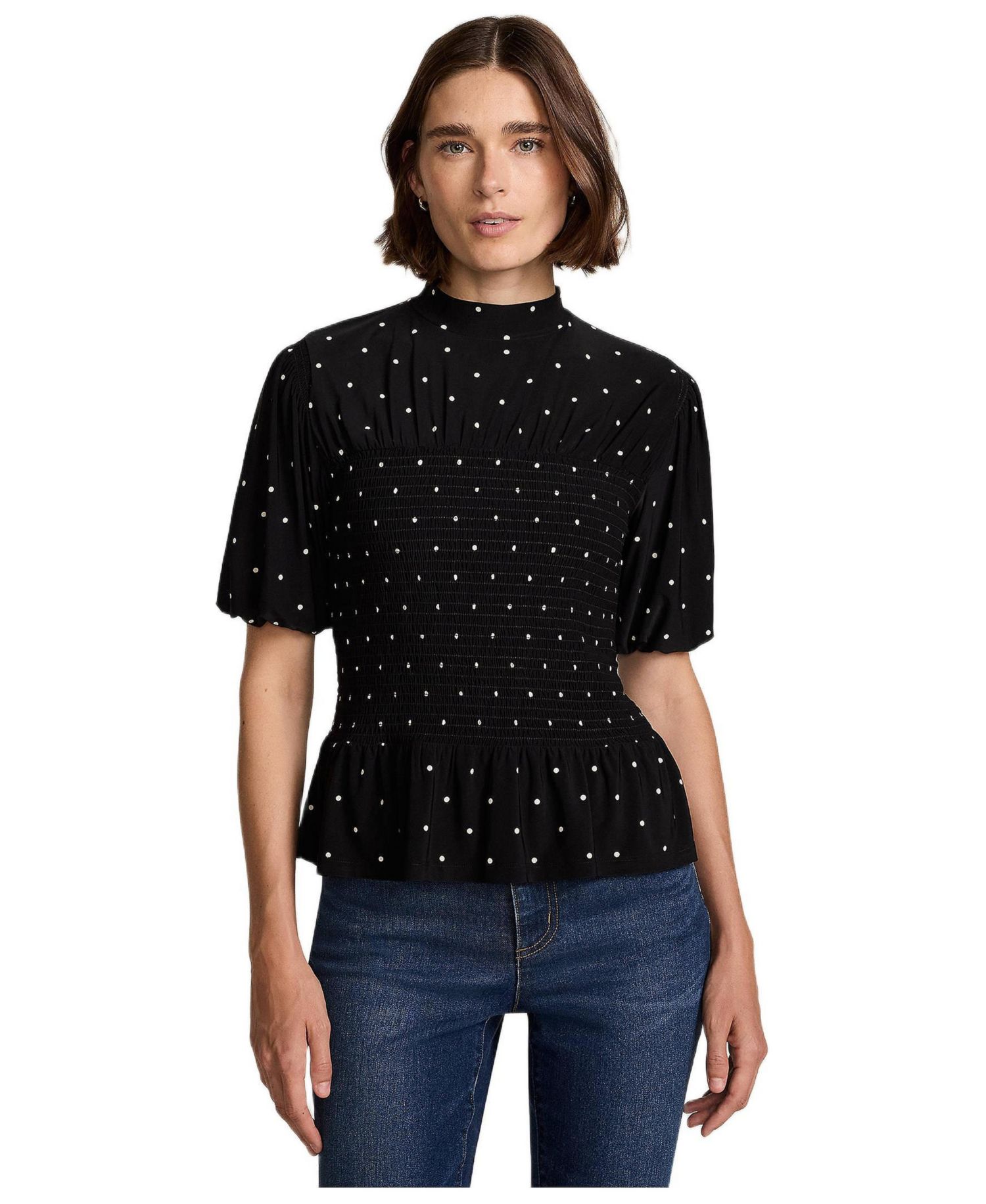 Women's Bubble Sleeve Silky Knit Smocked Mock Neck Top