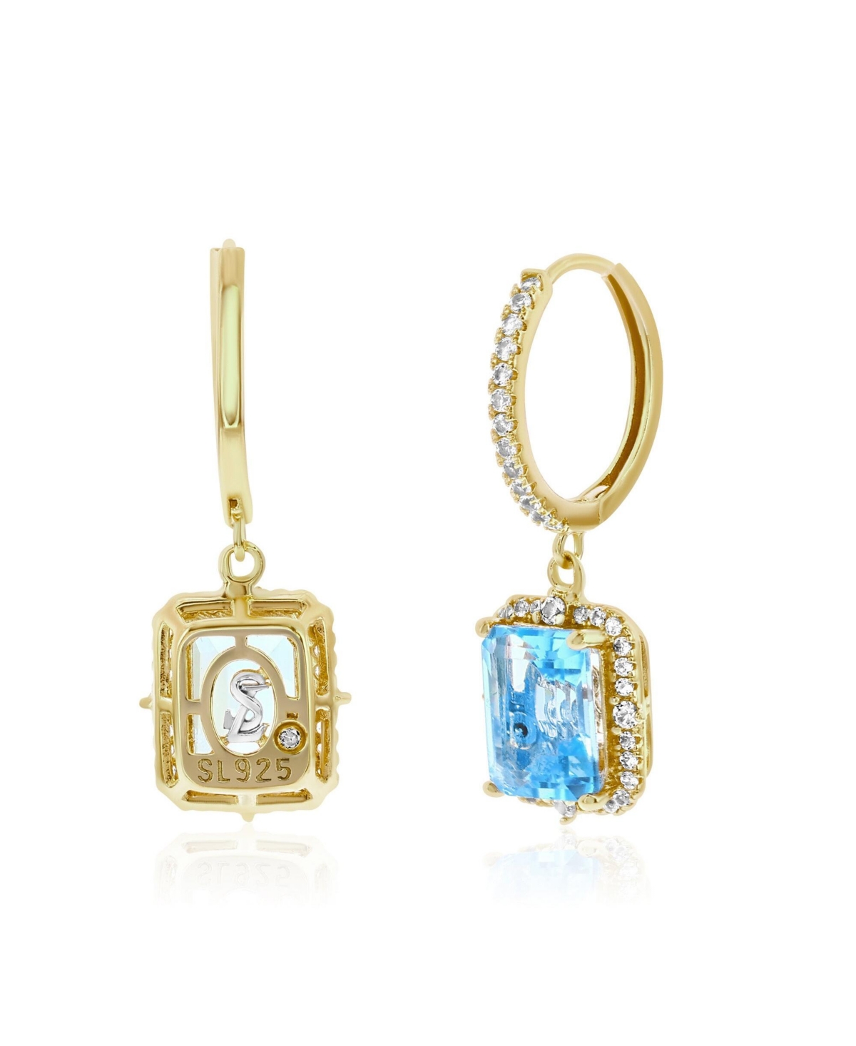 Suzy Levian Sterling Silver Emerald Cut Gemstone Halo Dangling Earrings