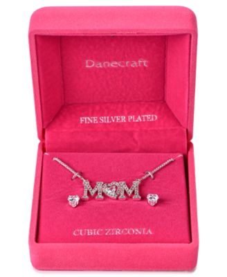 Silver-Tone "MOM" Cubic Zirconia Pendant Necklace and Stud Earrings Set