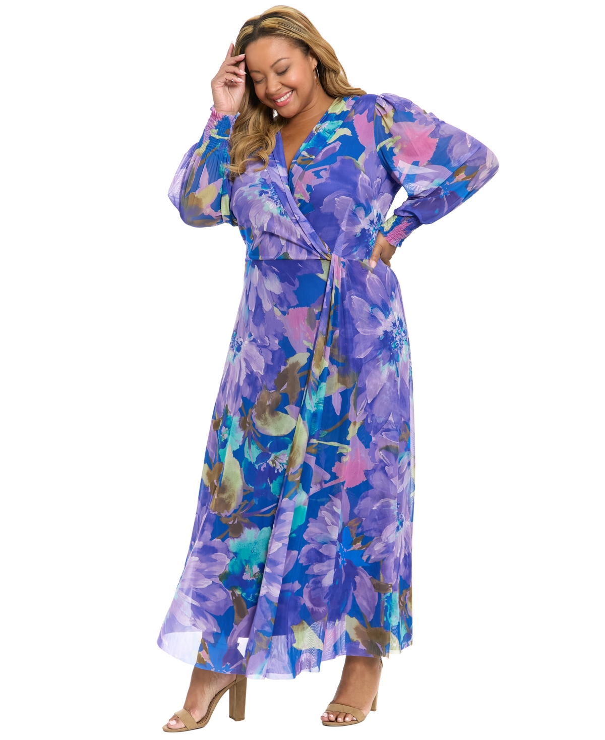 London Times Plus-Size Long-Sleeve Faux Wrap Dress