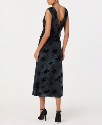 Women's Velvet Floral Mesh Boat Neck Midi Dress