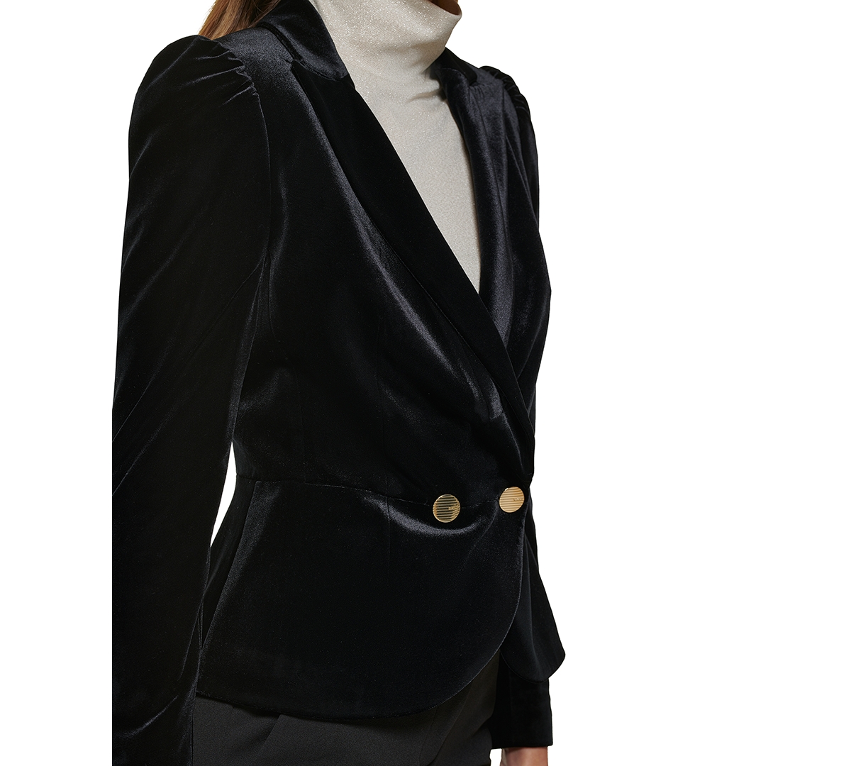 Dkny Petite Notch Collar Puff-sleeve Velvet Jacket In Black