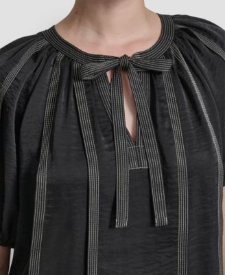 Women's Puff-Sleeve Top Stitch Tie Front Blouse