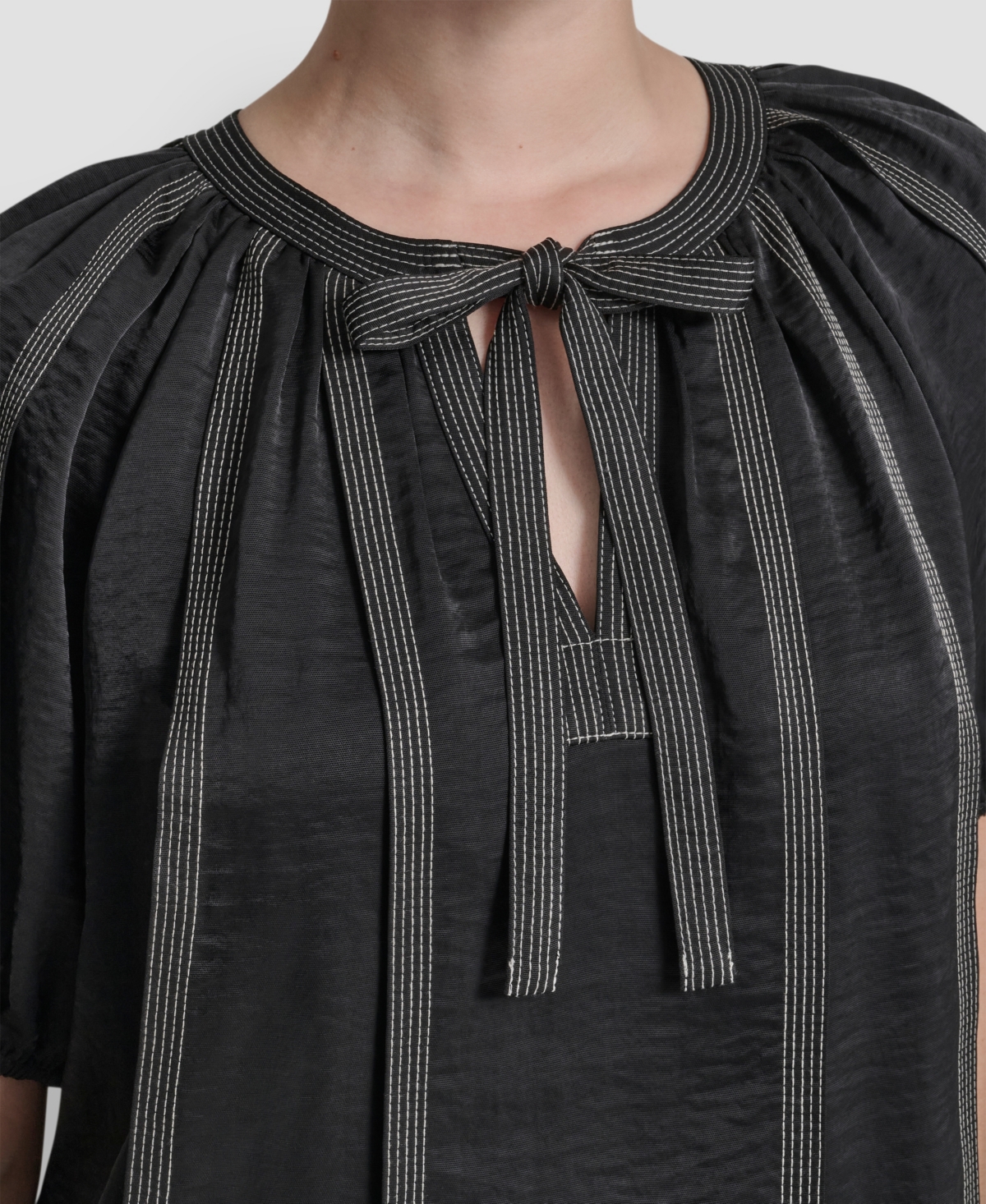 Dkny Women's Puff-Sleeve Top Stitch Tie Front Blouse