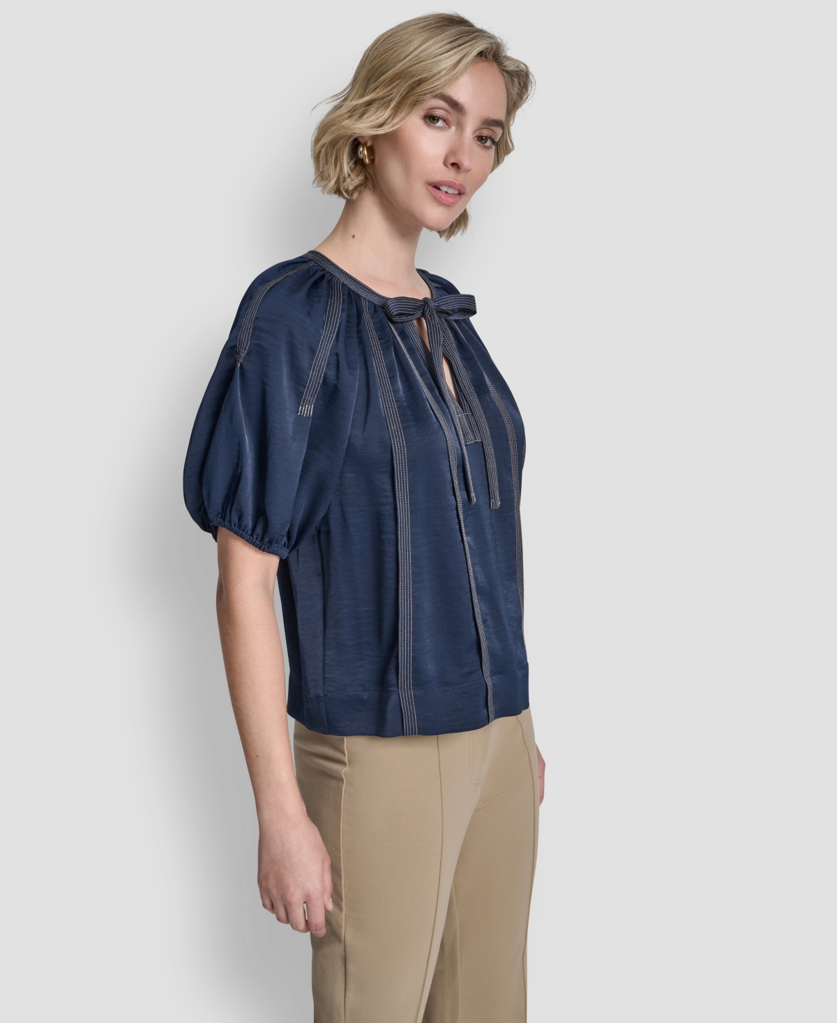 Dkny Women's Puff-sleeve Top Stitch Tie Front Blouse In Blue
