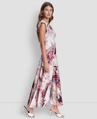 Women's Puff-Sleeve Printed Satin Bias Cut Dress