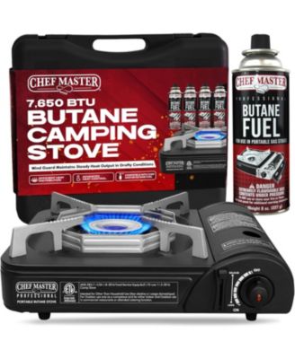 Portable Butane Camping Stove, Piezo Ignition 7,650 BTU Output, Wind-Guard Portable Stove Burner with Portable Carrying Case for Emergencies, Trips