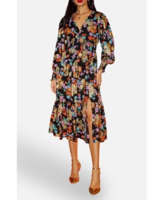 Women's Floral And Foil Ruched Midi Dress
