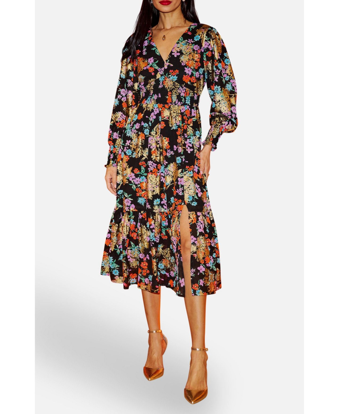 Женское платье Yumi Floral And Foil Ruched Midi, цвет: Чёрный — фото 6