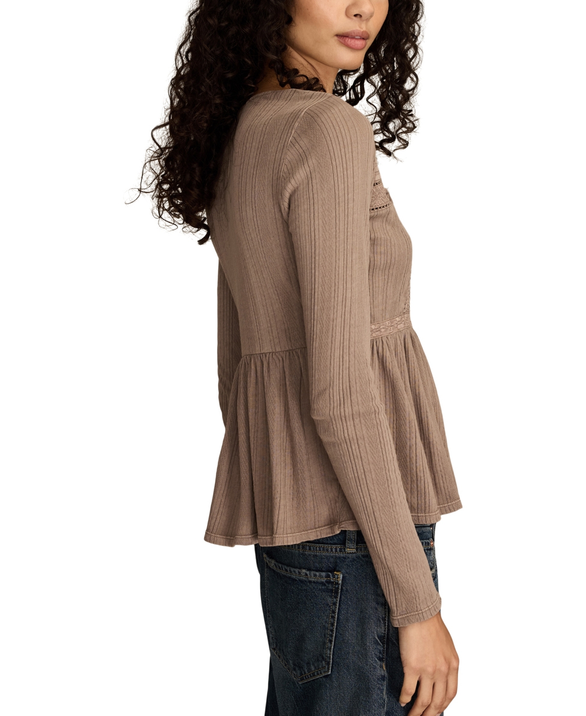 Lucky Brand Women's Embroidered Peplum Long-Sleeve Top