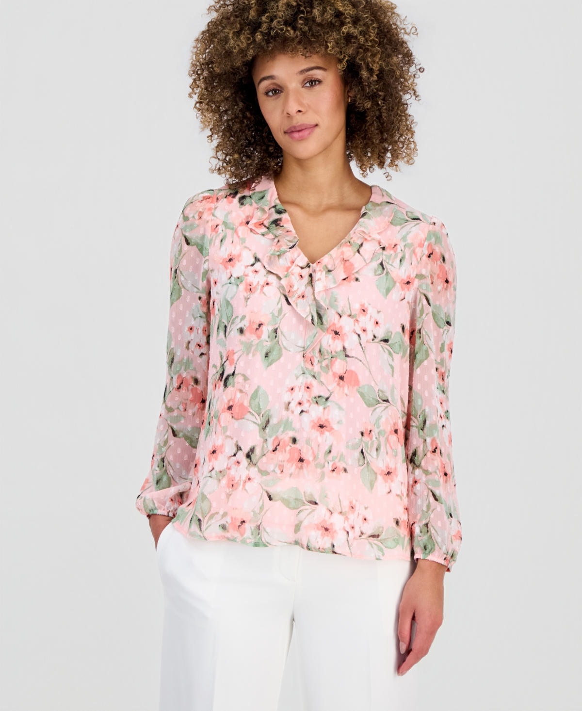 Kasper Women's Printed Clip Dot Ruffled Blouson-sleeve Blouse In Pink