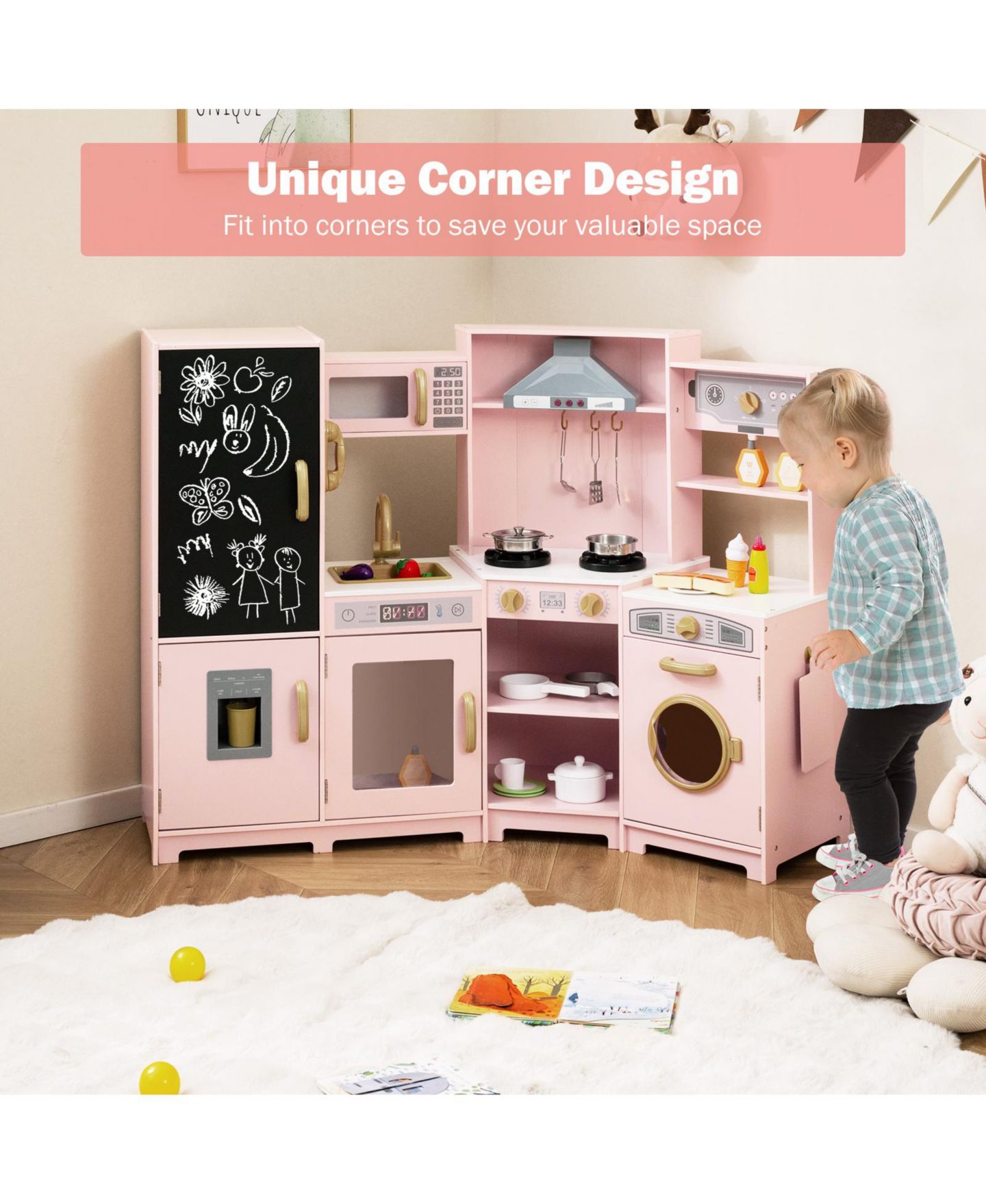 Детская игрушка Gymax Corner Kids Play Kitchen Wooden Pretend Toy Kitchen with Realistic Lights, цвет: Розовый — фото 4