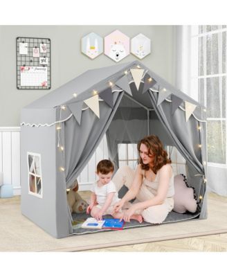 3-4 Kids Large Play Tent House w/ 2 Opening Doors Star Lights & Plaid Pennants