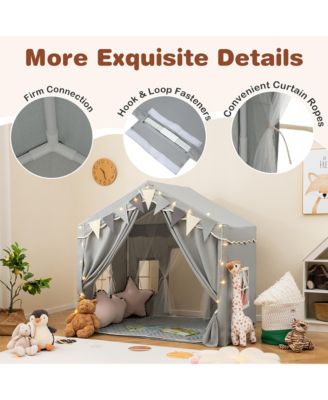 3-4 Kids Large Play Tent House w/ 2 Opening Doors Star Lights & Plaid Pennants