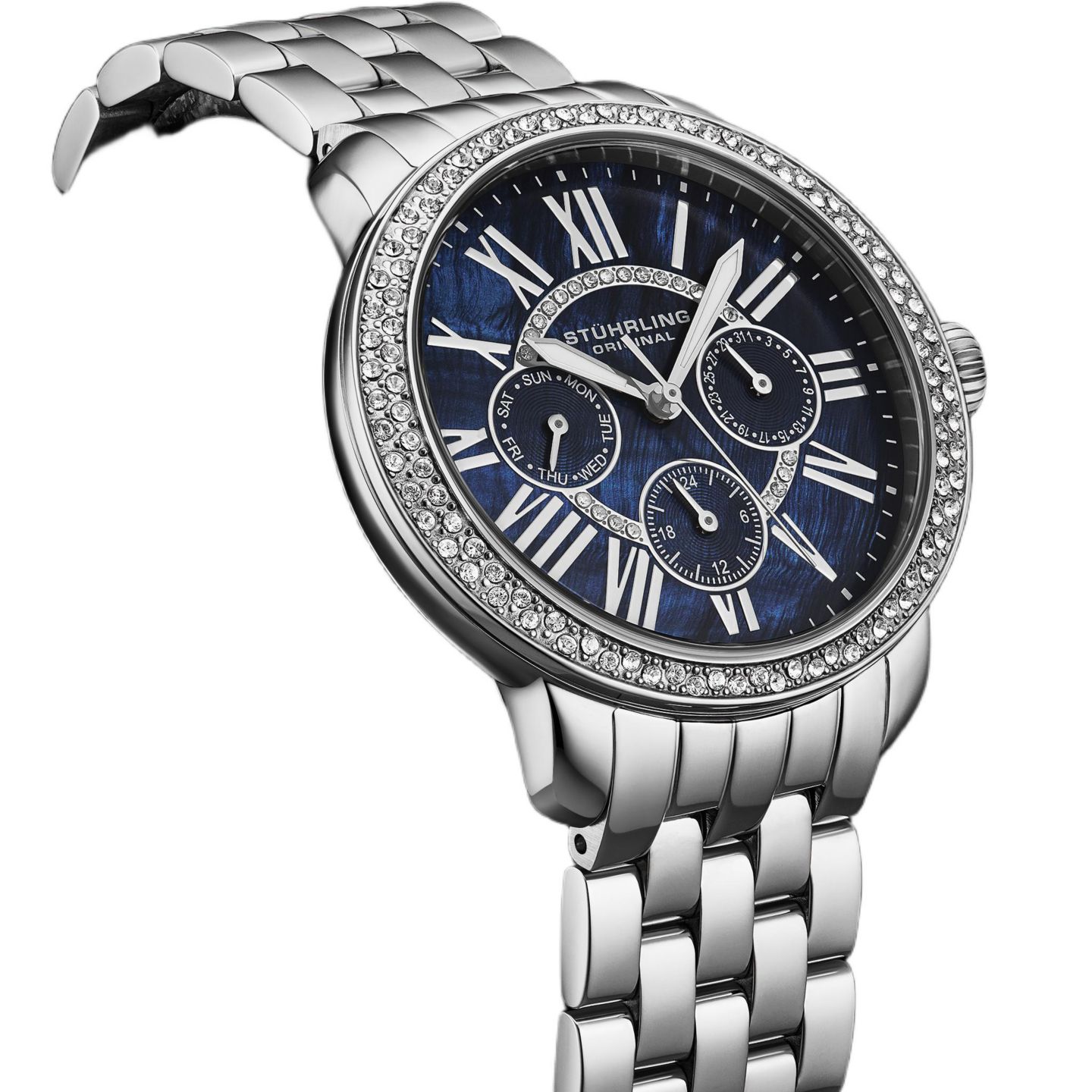 Часы Stuhrling Sonata Women s 38mm Quartz Multifunction Watch - Blue Mother-of-Pearl Dial Crystal Bezel Stainless Steel Bracelet, цвет: Синий — фото 3