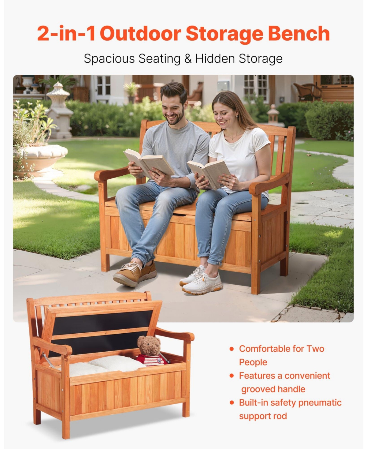 Slickblue 33 Gal Outdoor Wooden Storage Bench with Deck Box Seating