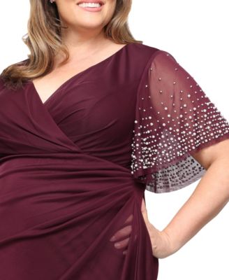 Plus Size Embellished-Sleeve Draped Chiffon Gown