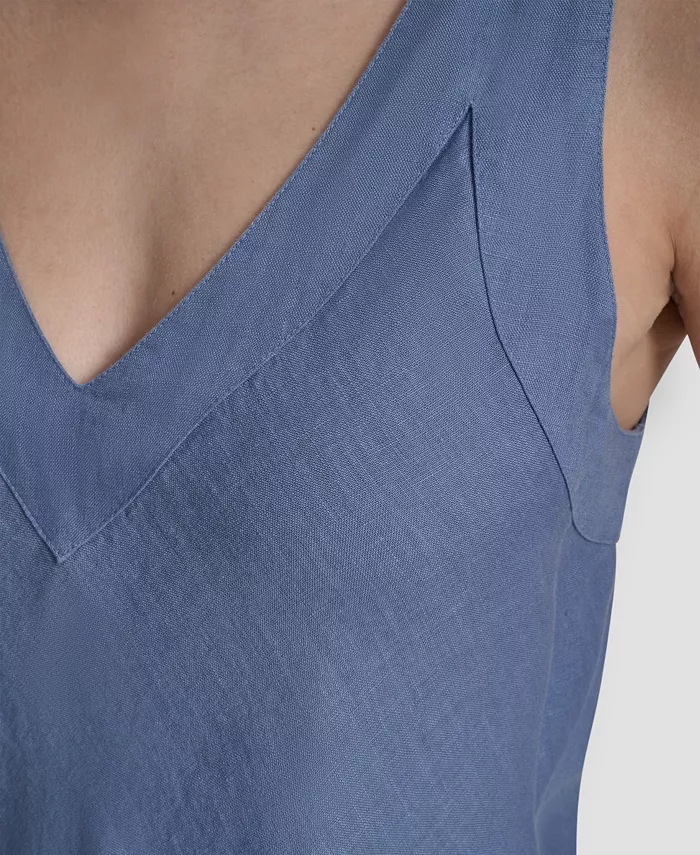Women's Linen Panelled V-Neck Midi Dress - thumbnail 9