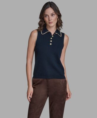 Women's Cotton Tipped Collared Sleeveless Knit Top