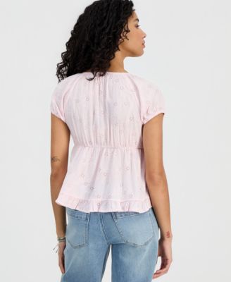 Juniors' Short-Sleeve Embroidered Sweetheart-Neck Babydoll Top