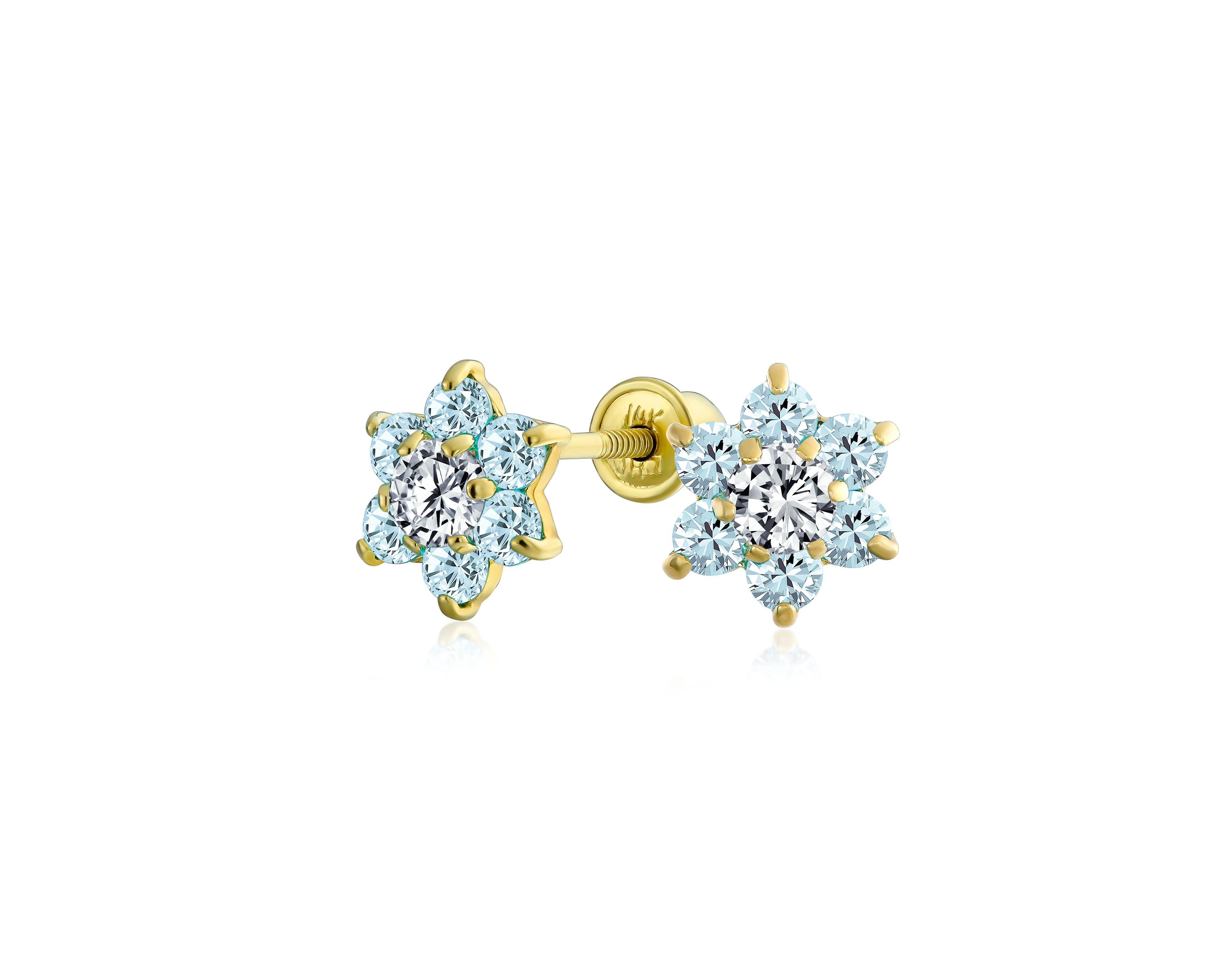 Bling Jewelry Tiny Cz Cubic Zirconia Flower Stud Earrings Real 14K Gold Screw back