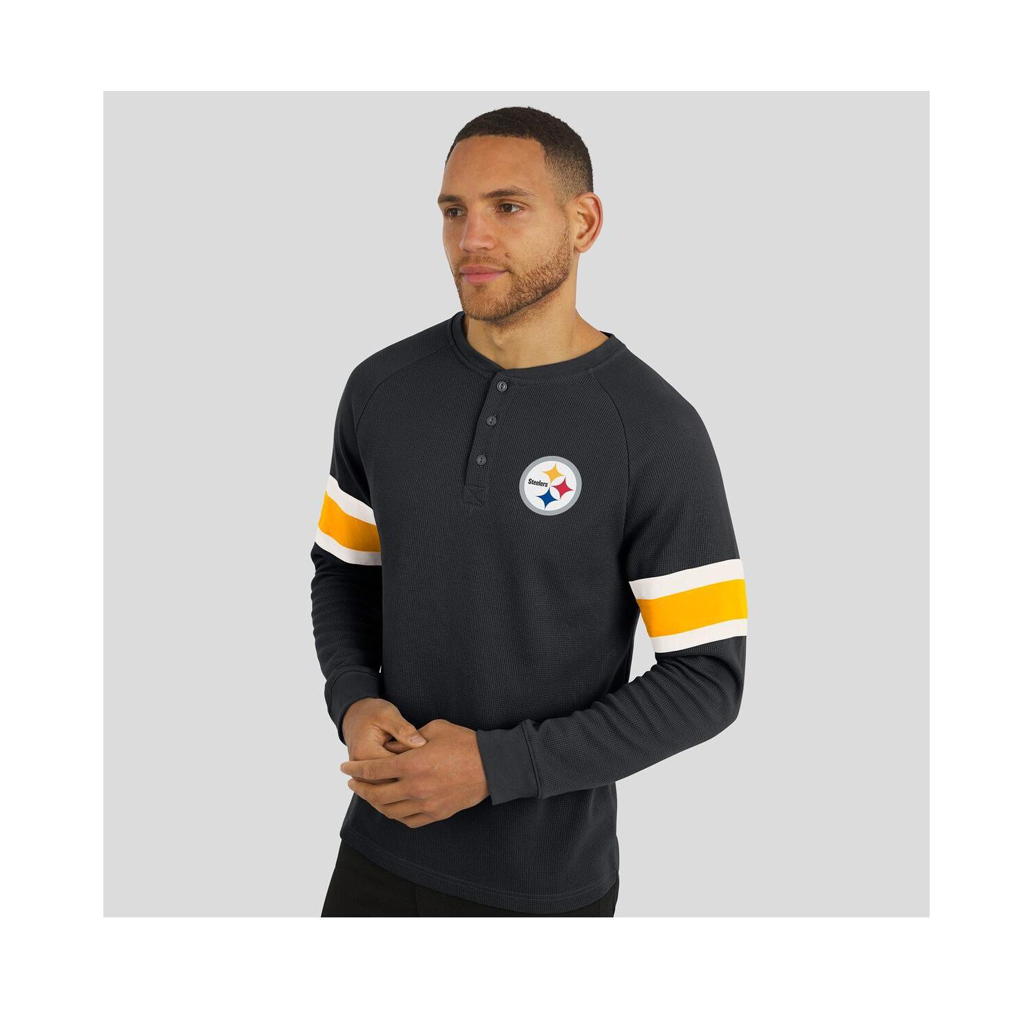Men's Black Pittsburgh Steelers Waffle-Knit Raglan Long Sleeve Henley T-Shirt