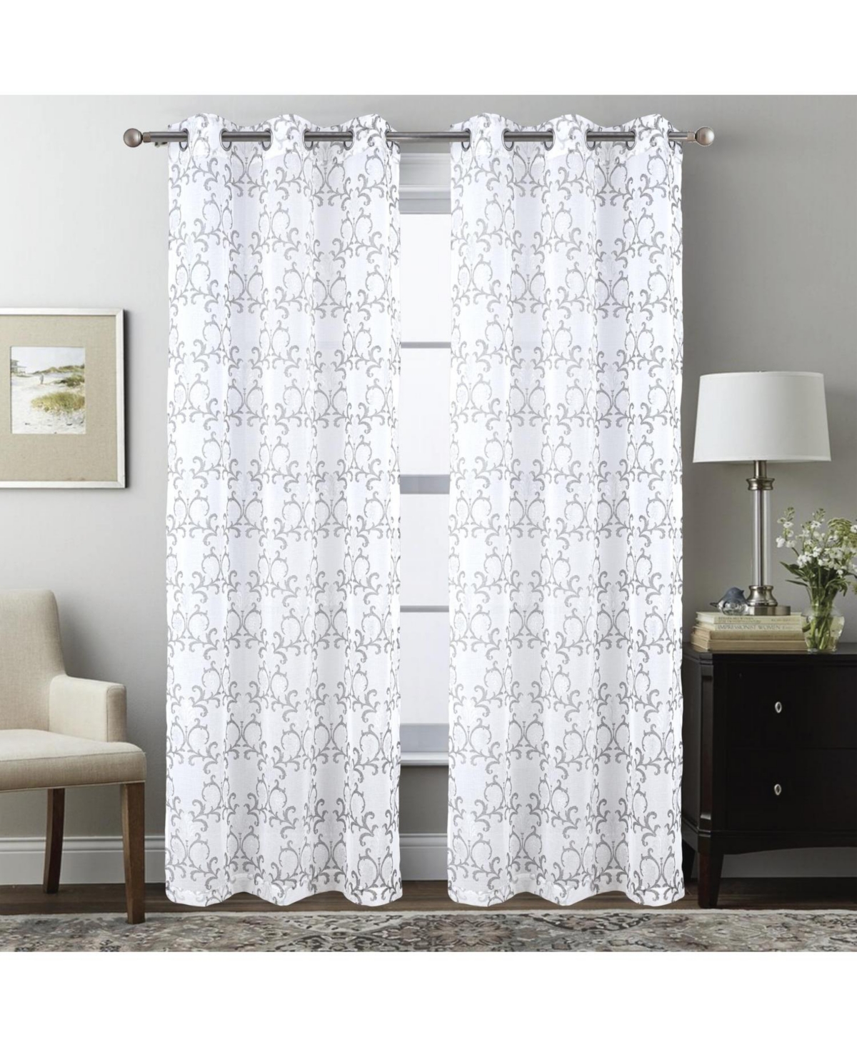 Rt Designers Collection Crown Grommet Sheer Metallic Printed Doily Curtain Panel 54" x 90" Silver