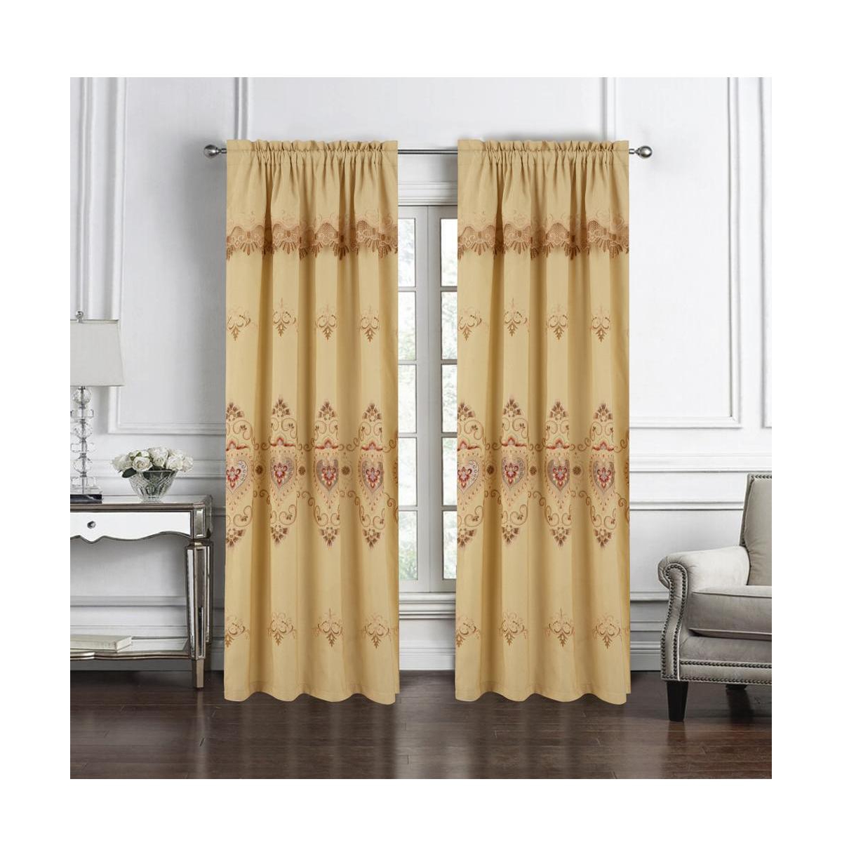 Rt Designers Collection Bonnie Macrame Rod Pocket Room Darkening Curtain Panels for Living Room 52" x 84" Gold