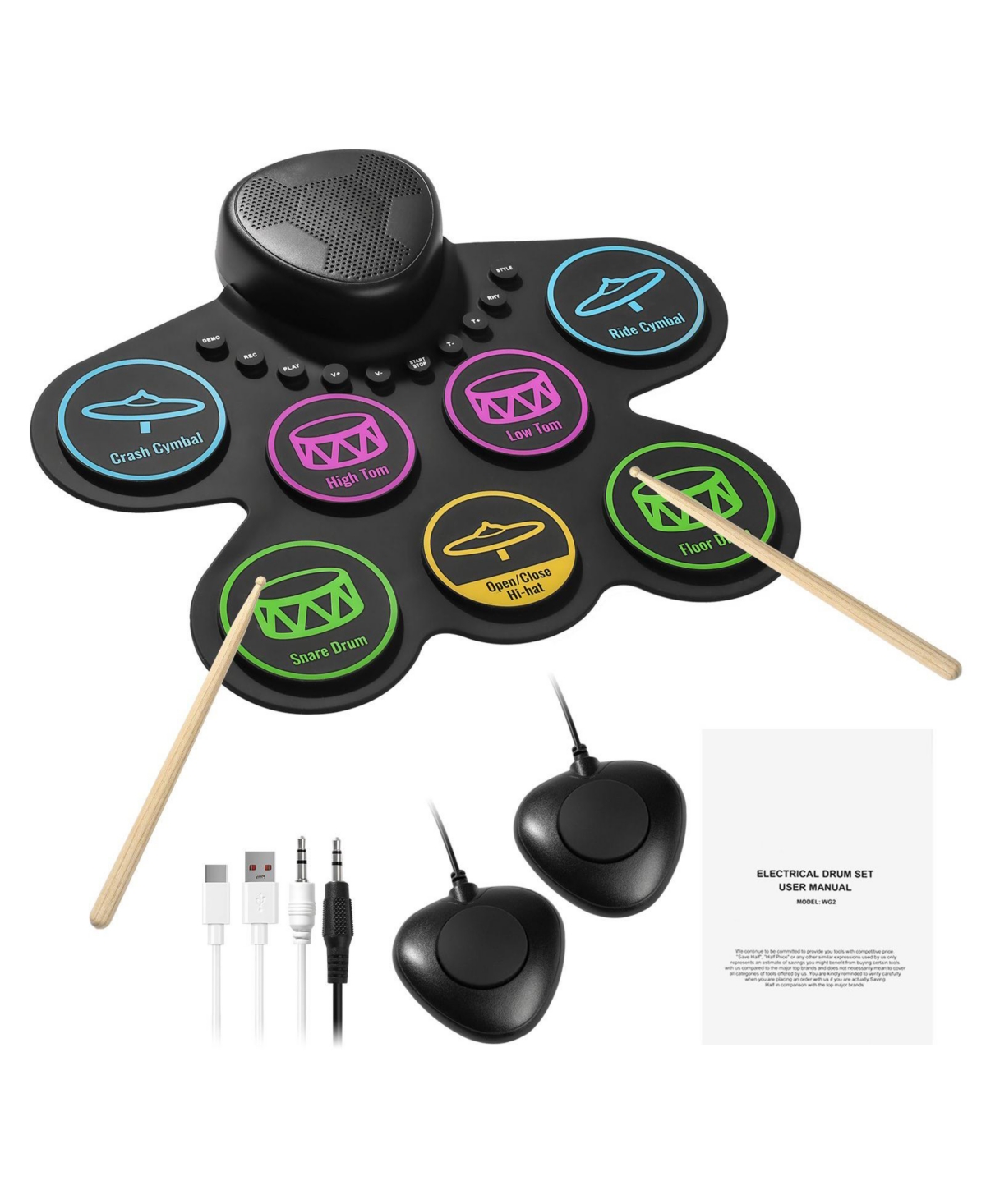 Mecale Electric Drum Set, 7 Pads Roll-Up Electronic Drum Kit with Headphone Jack, Built-In Speakers & Drum Sticks for Kids Practice - Black
