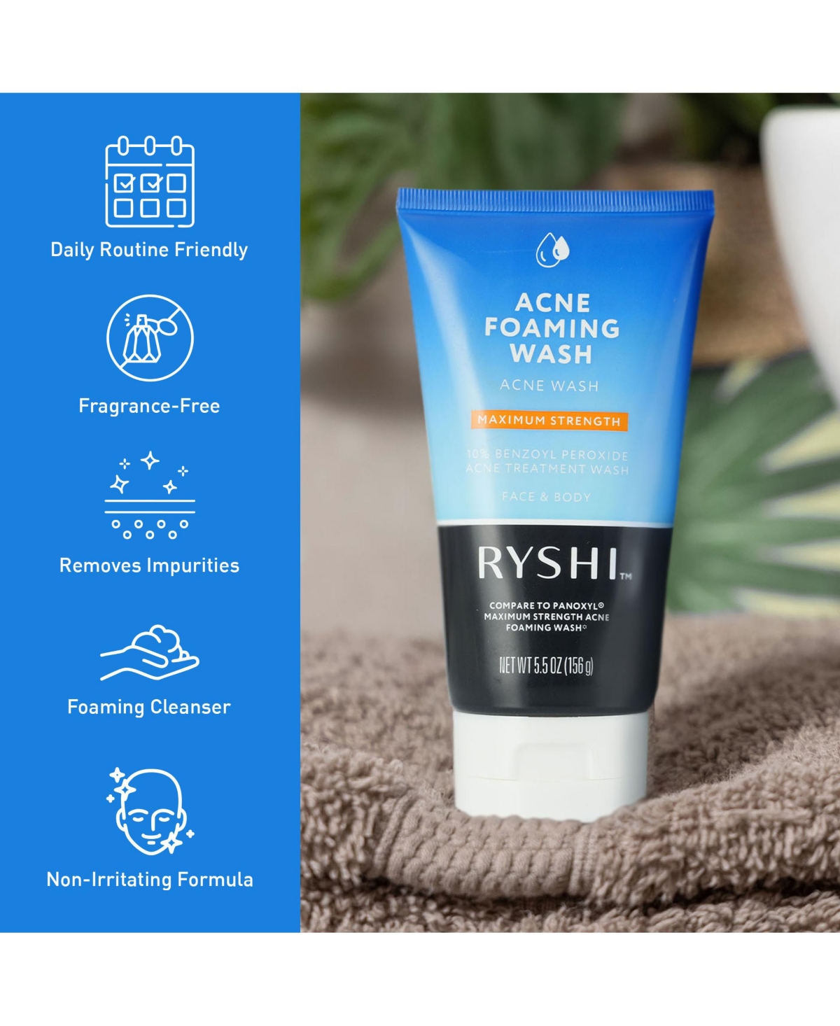 Pursonic Acne Foaming Wash – Maximum Strength Acne Treatment with 10% Benzoyl Peroxide | Face & Body Cleanser | Fragrance-Free