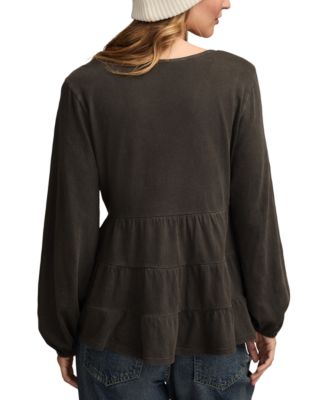 Women's Embroidered Yoke Tiered Long-Sleeve Top