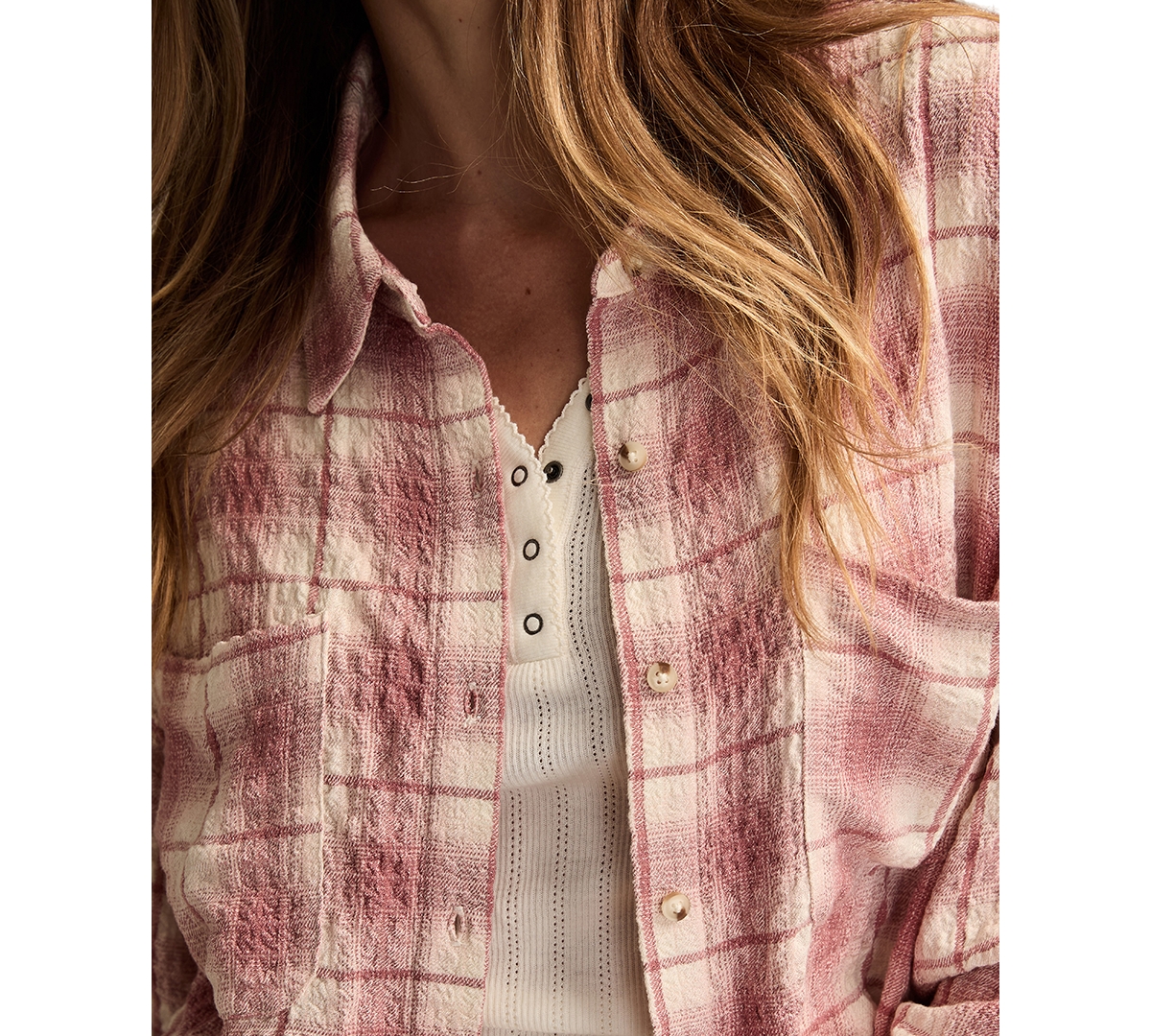 Lucky Brand Women's Cropped Plaid Drapey Long-sleeve Shirt In Pink
