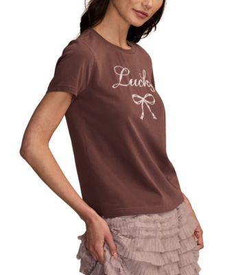 Women's Lucky Bow Seed Beads Crewneck T-Shirt