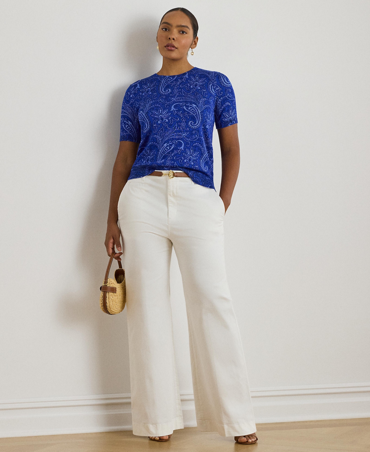 Lauren Ralph Plus Paisley Short-Sleeve Sweater