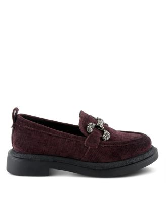 Marlen Women's Velvet Textile Upper Slip-On Loafer On Chunky Lug Sole Bottom With Crystal Buckle