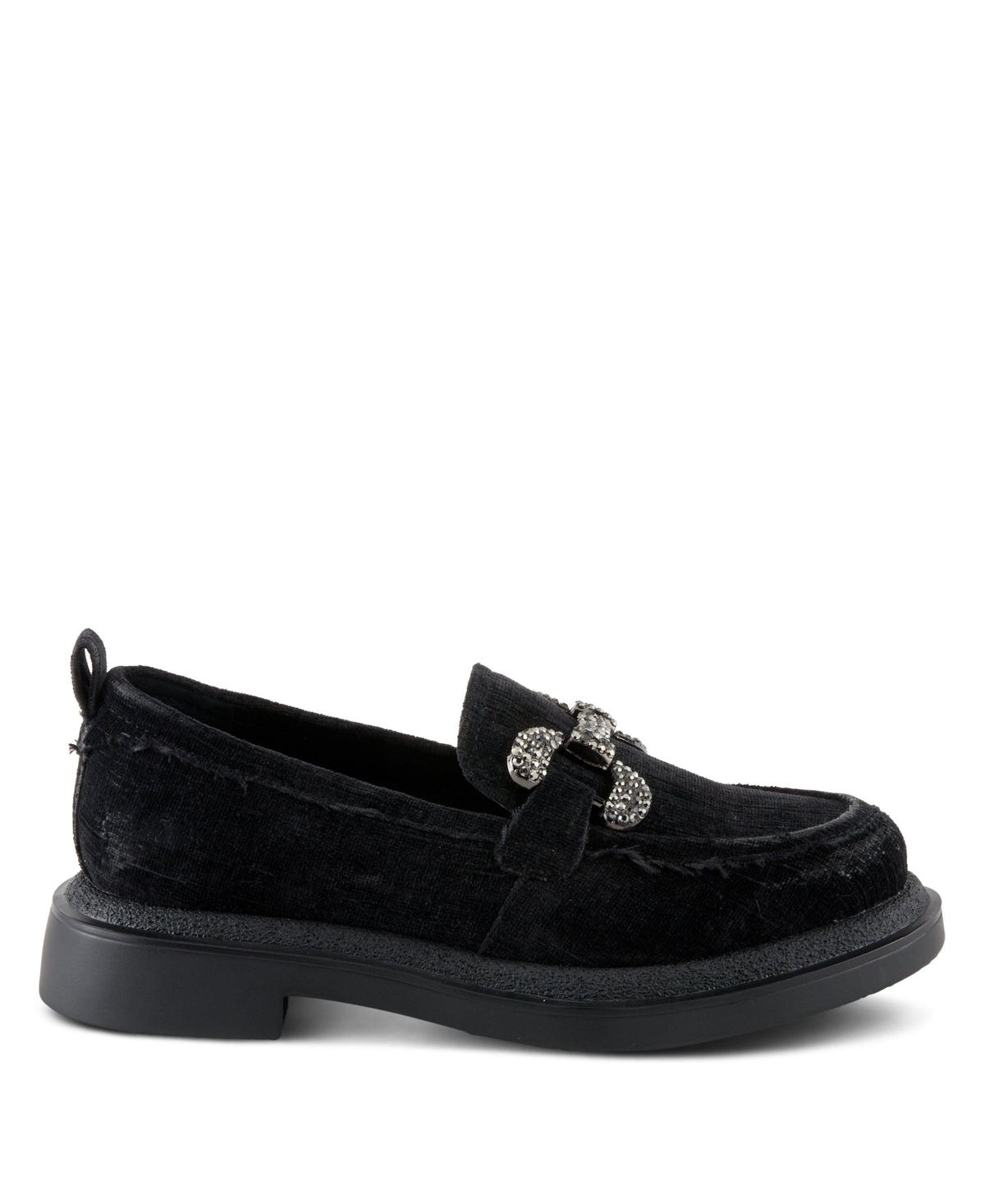 Patrizia Marlen Women's Velvet Textile Upper Slip-On Loafer On Chunky Lug Sole Bottom With Crystal Buckle