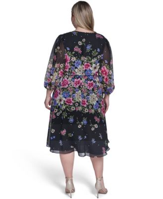 Plus Size Jewel Neck Balloon Sleeve Midi Dress