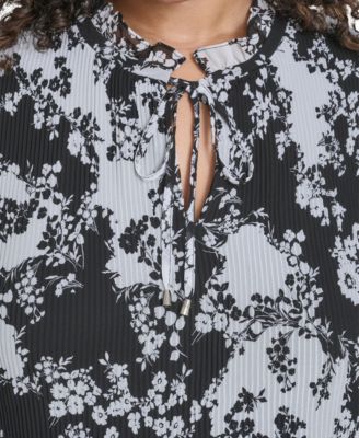 Plus Size Tie Split Neck Pleated Bodice Dress