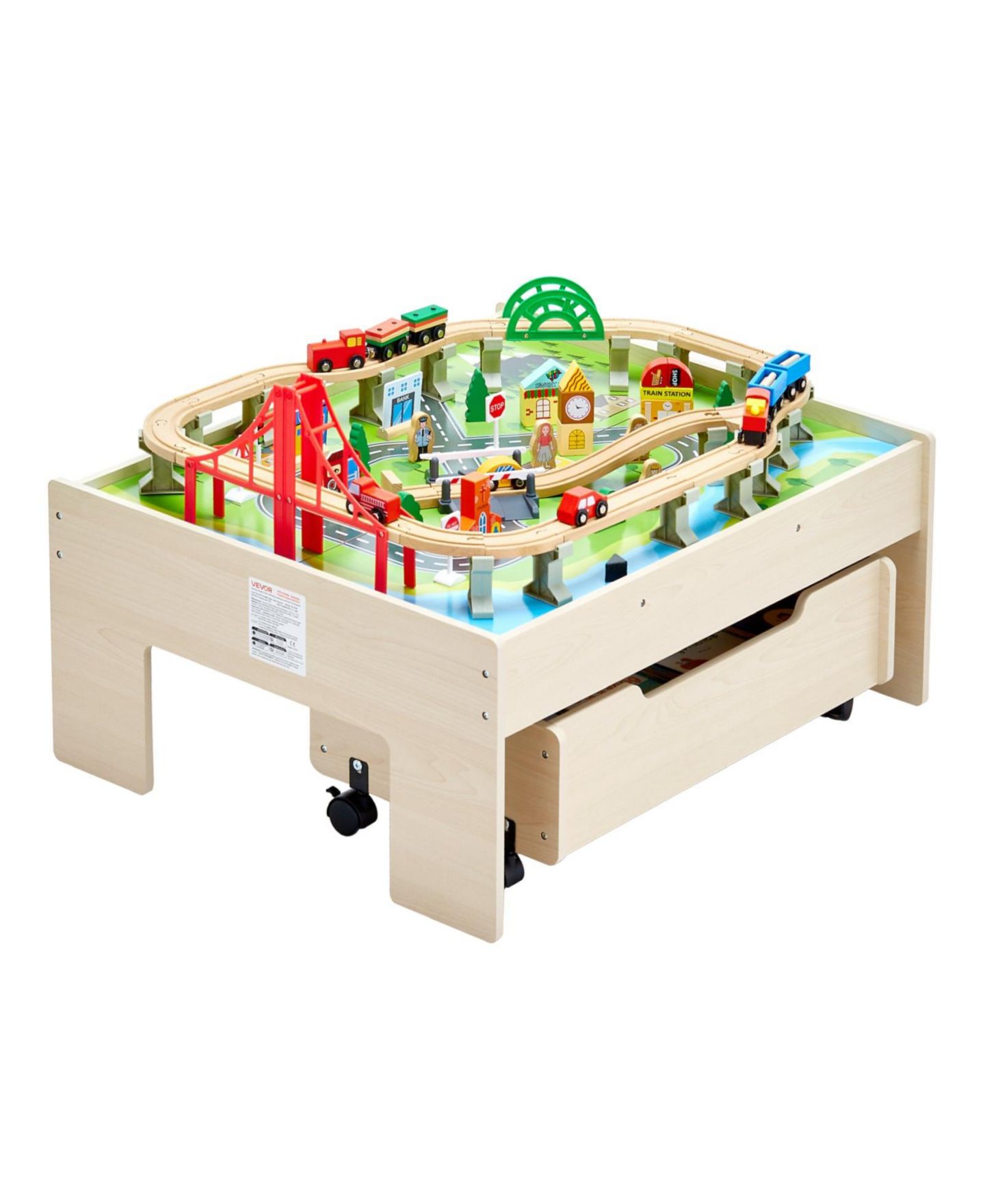 Детские игрушки Mecale 3-in-1 100-Piece Reversible Wooden Train Activity Table, цвет: Натуральный — фото 10