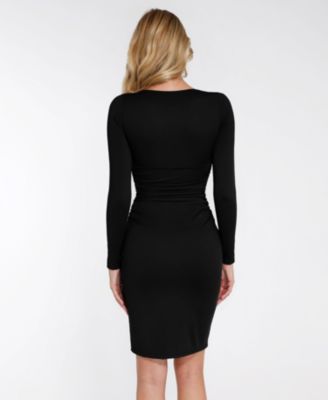 Women's Shapewear Long Sleeve V-Neck Ruched Bodycon Midi Dress