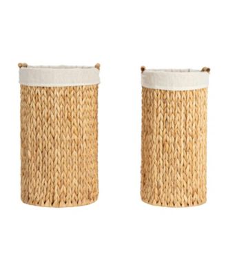 Handwoven Water Hyacinth Oval Hamper Set with Cotton Lining, Set of 2