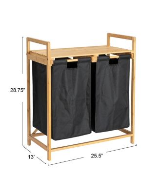 Bamboo Pull Out Double Hamper with Shelf, Natural and Black