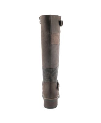Women s COLLAGE Patchwork Knee-High Boots with Embroidery and Buckle Accents