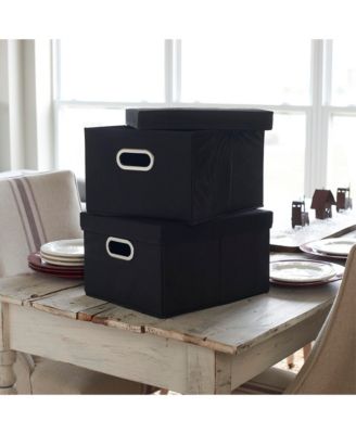 Storage Bins with Lids and Chromed Grommet Handles, Set of 2, Black