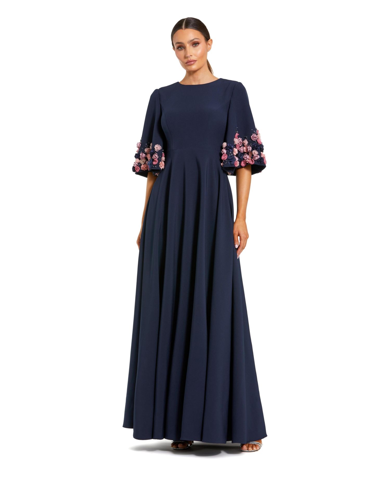 Women's Crepe 3/4 Sleeve A-line Gown With Flower Trim