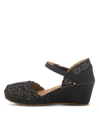 Women s GENNINA Embroidered Laser-Cut Peep-Toe Wedge with Adjustable Strap