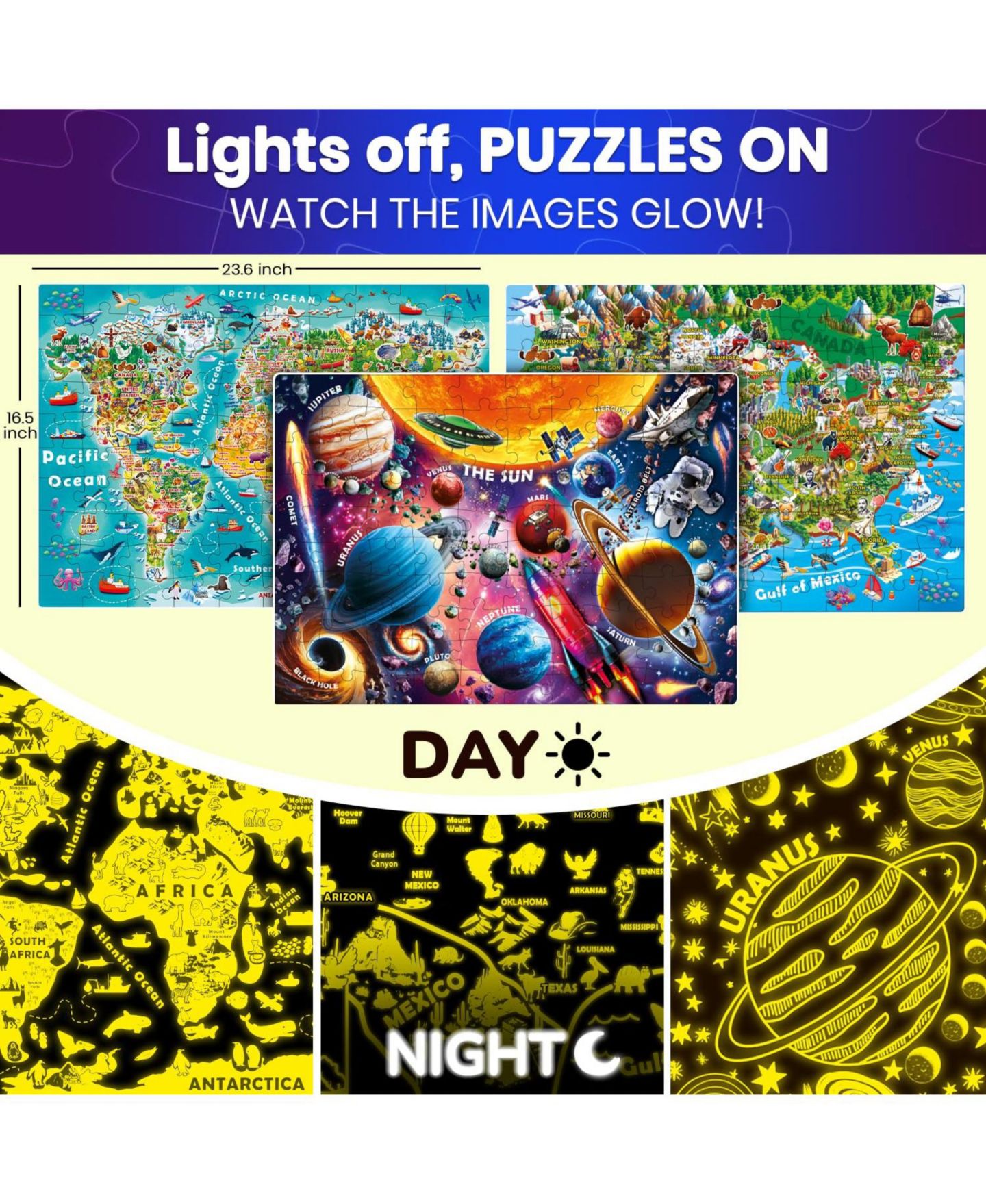 Детские игрушки Quokka USA Map, World Map & Solar System Glow-in-the-Dark 100-Piece Puzzle Set, Ages 4-8, цвет: Open Miscellaneous — фото 3