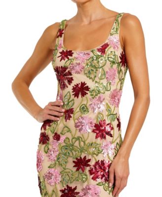 Women's Floral Beaded Mesh Scoop Neck Fitted Midi Dress