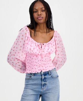 Juniors' Smocked Tie-Neck Top