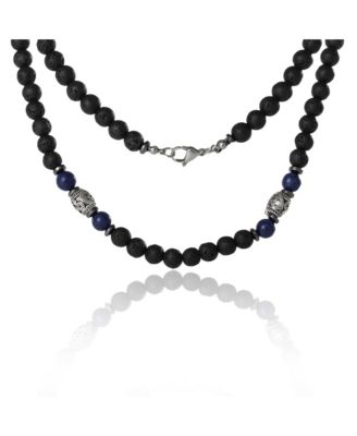 Men s Lava Rock & Lapis Beaded 22'' Necklace, Silver Tone Barrel Accents